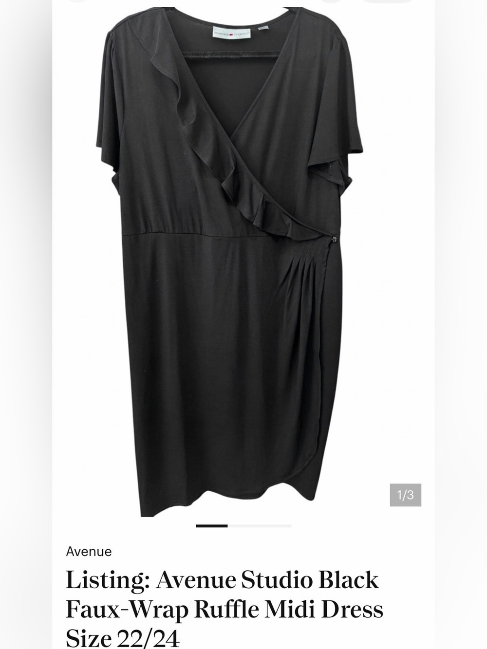 Avenue Black Wrap-Style Midi Dress with Ruffle Detail
